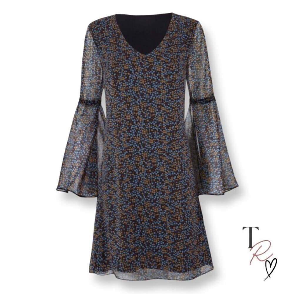 CAbi Poise Floral Semi-Sheer Floral Bell Sleeve Chiffon Fall Dress Size XS